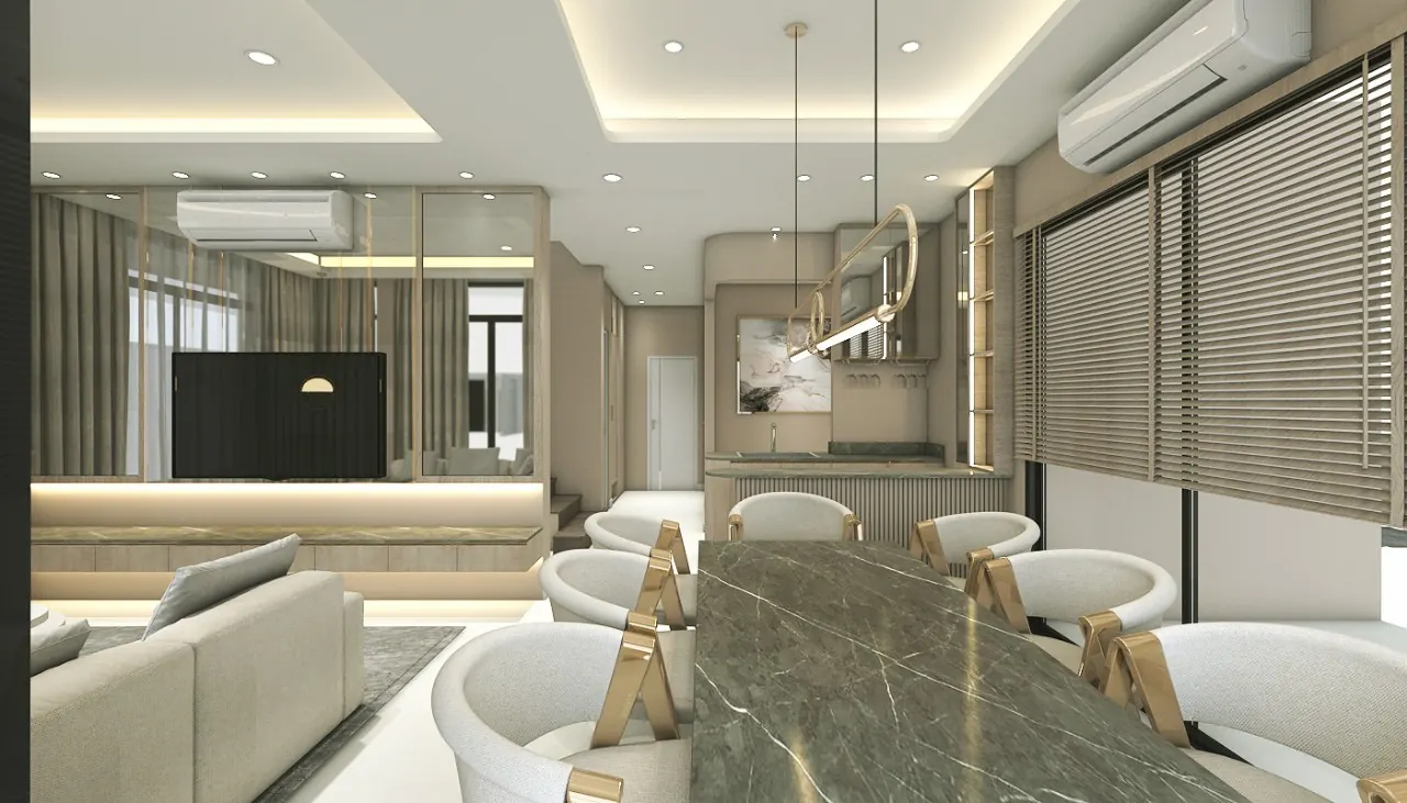 Boulevard 109: living and dining room in greige, smoked oak and stone