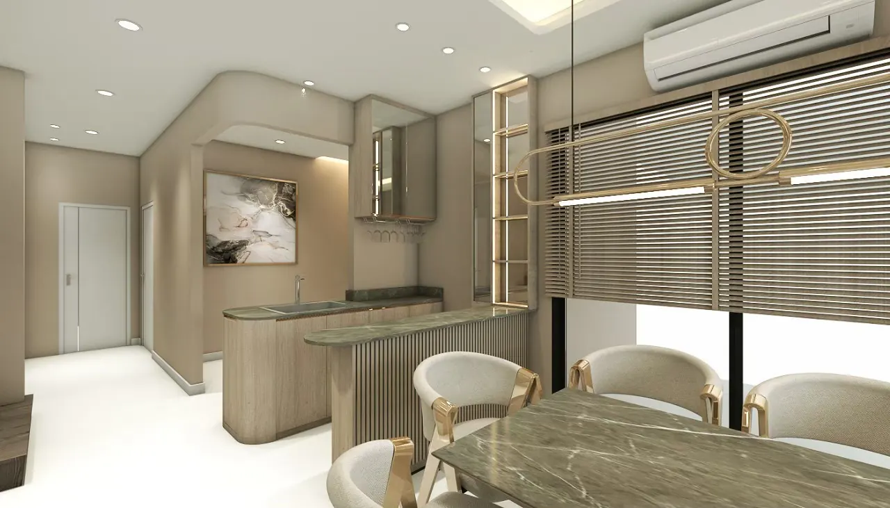 Boulevard 109: kitchen with a fluted breakfast bar and a stone dining table