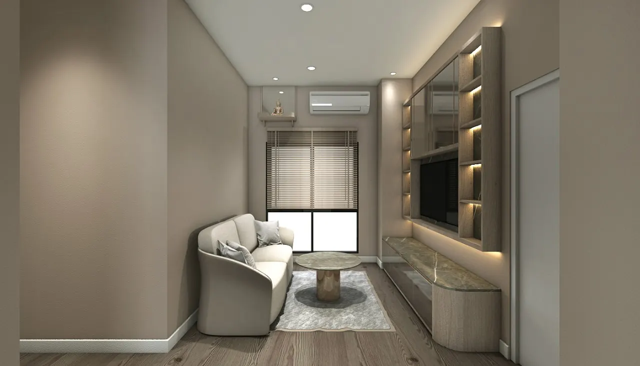 Boulevard 109: media wall in oak with backlit shelving above a stone-topped cabinet