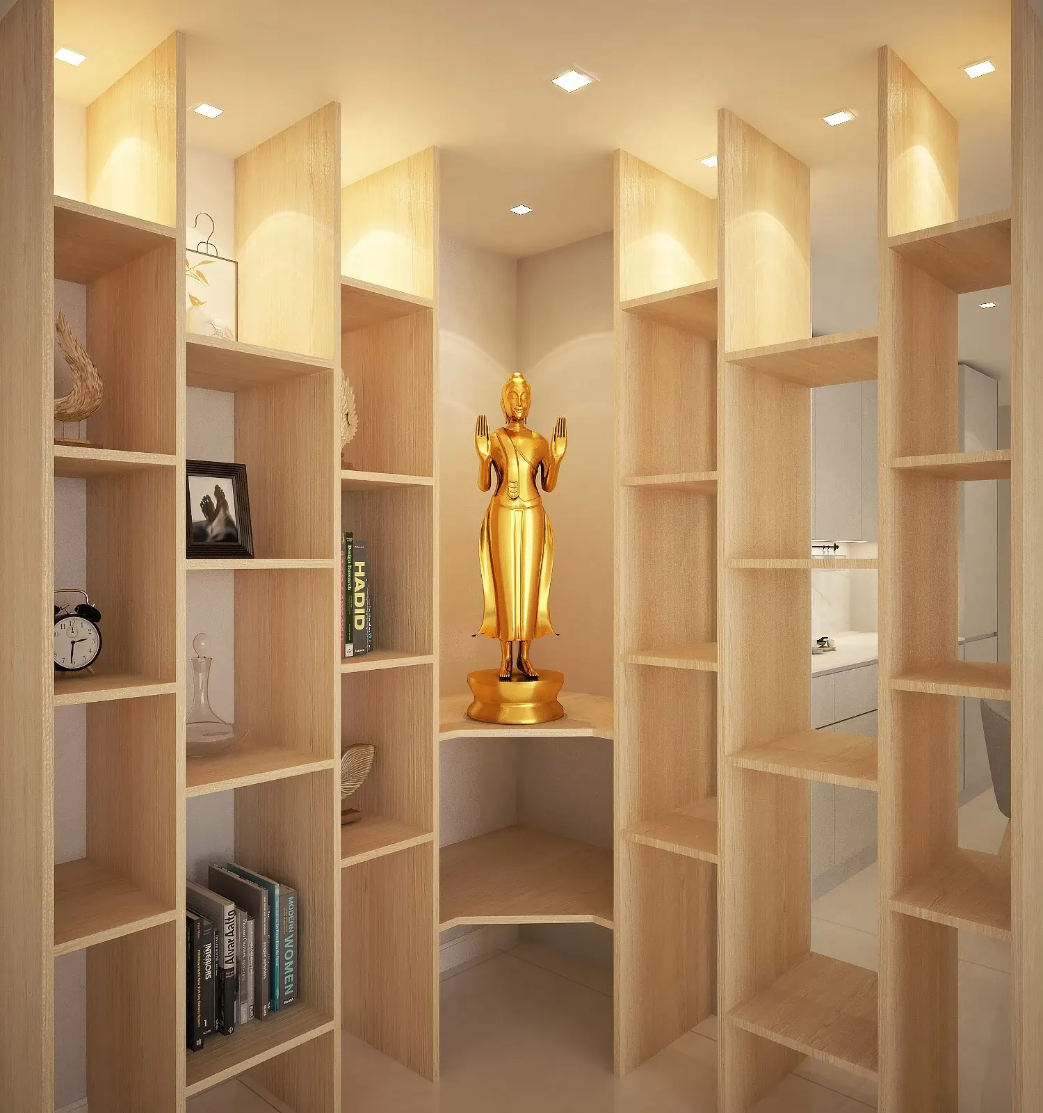 DS Tower 10B4 after renovation: oak display wall with the Buddha image at its centre