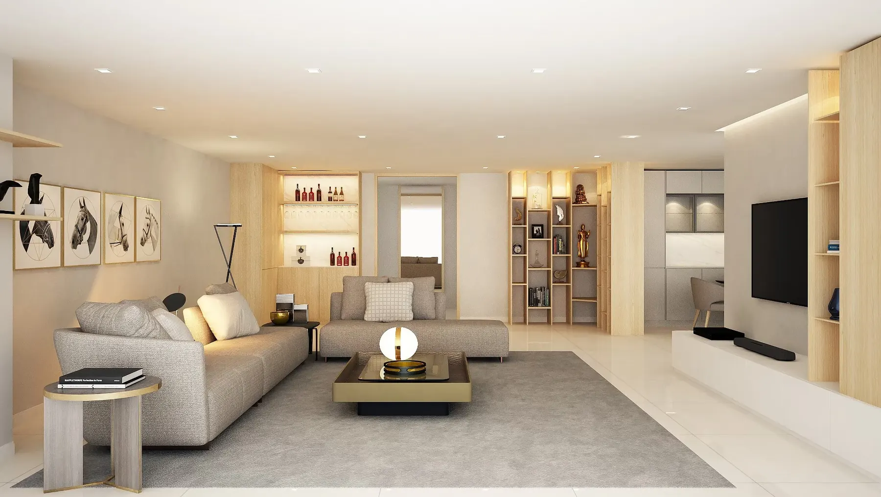 DS Tower 10B4: living room with oak display shelving and a lit drinks bar