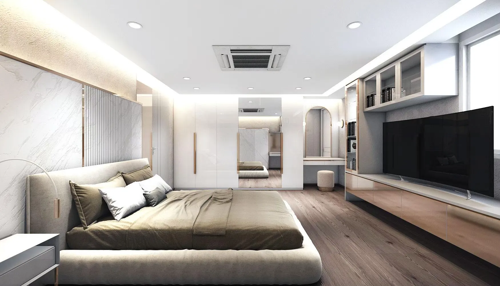 DS Tower 28A1: bedroom with a veined marble headboard wall and oak media joinery