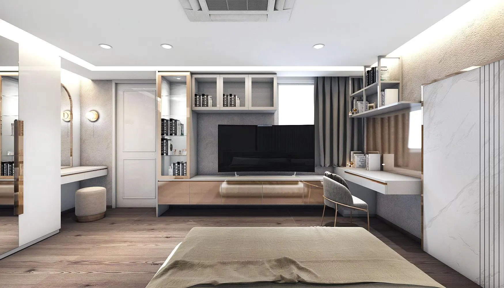 DS Tower 28A1: bedroom in grey marble and oak with a floating bed