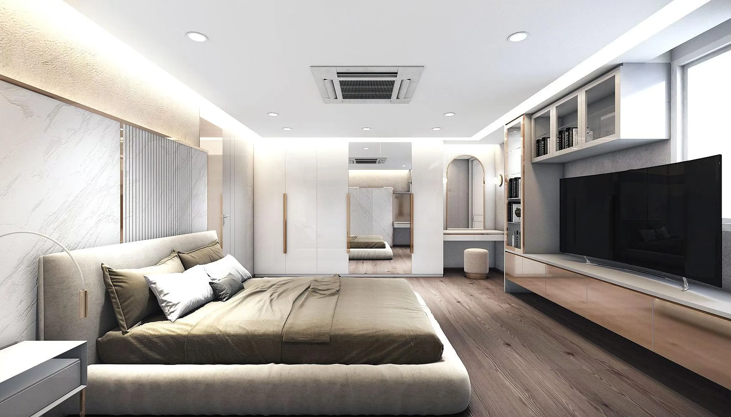 DS Tower 28A1: bedroom suite in pale oak with a floating bed