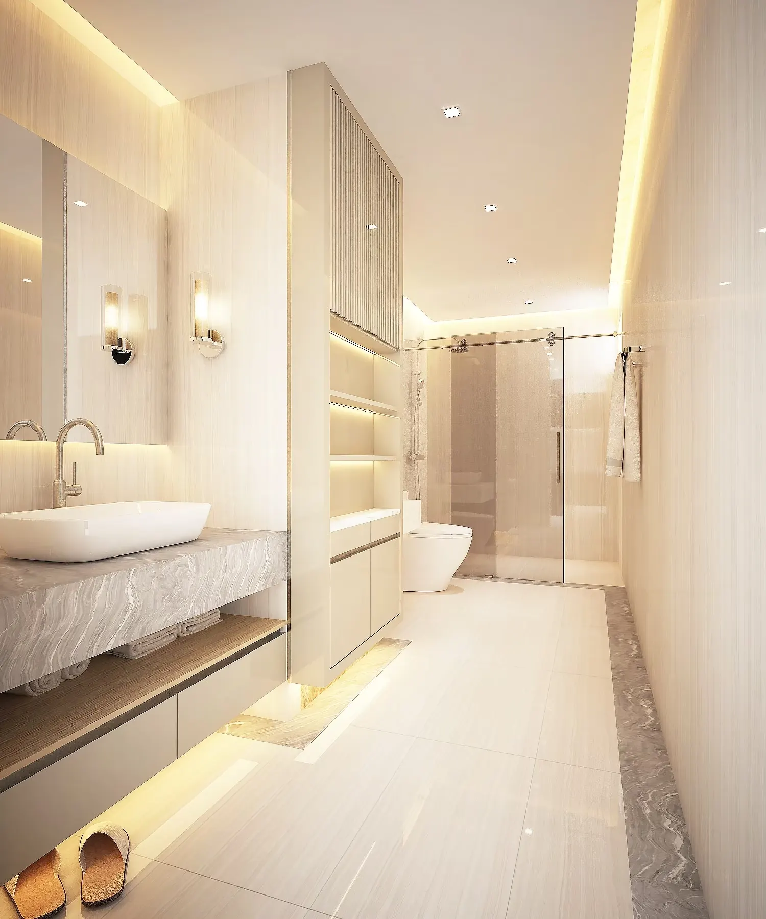 DS Tower 33A1: the bathroom lined in pale stone, with a slab vanity and a glazed shower