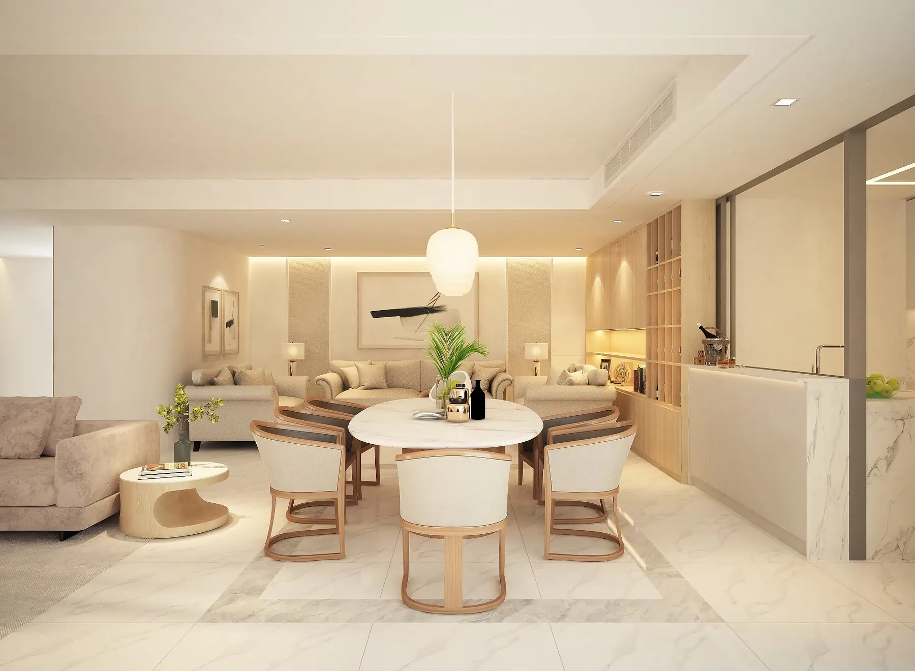 DS Tower 33A1: living and dining room in pale marble and oak