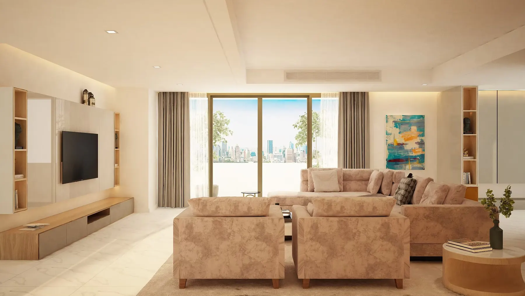 DS Tower 33A1: living and dining room in pale marble and oak
