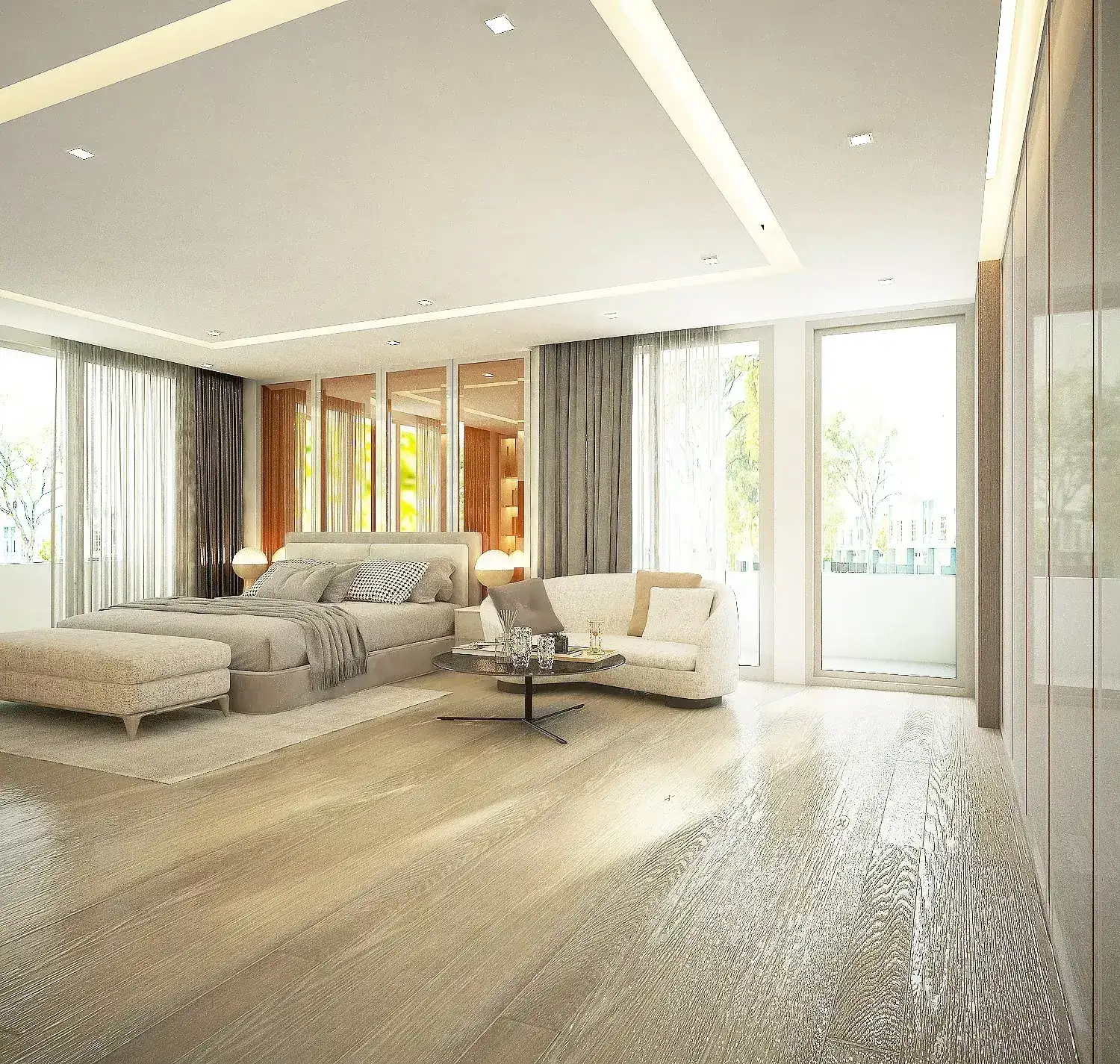 DS Tower 33A1: the principal bedroom in wide oak boards with a curved sofa corner