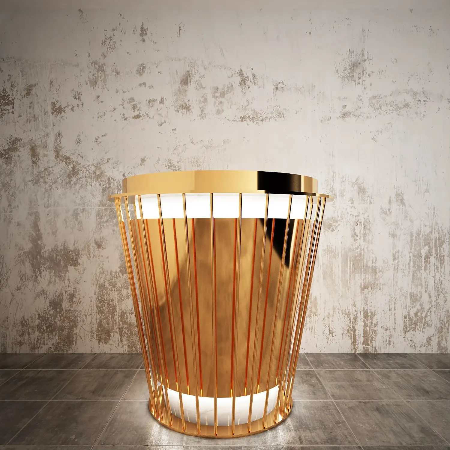 Freiya: round service counter in brass ribs over a backlit stone body