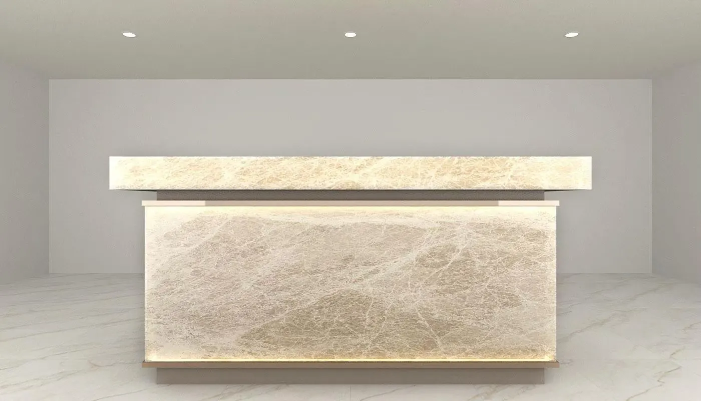 Freiya: a reception desk in backlit onyx, a floating top over a lit panel of stone