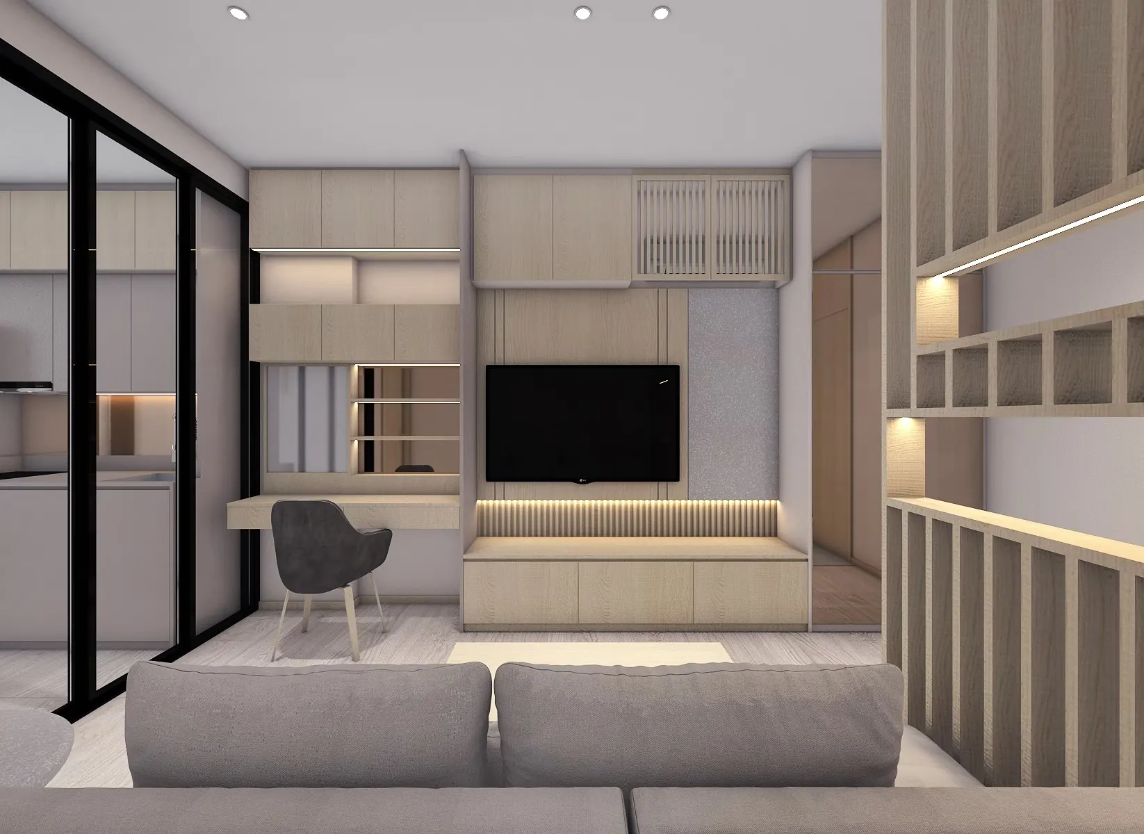 The Fyne: living area with slatted partition and oak joinery