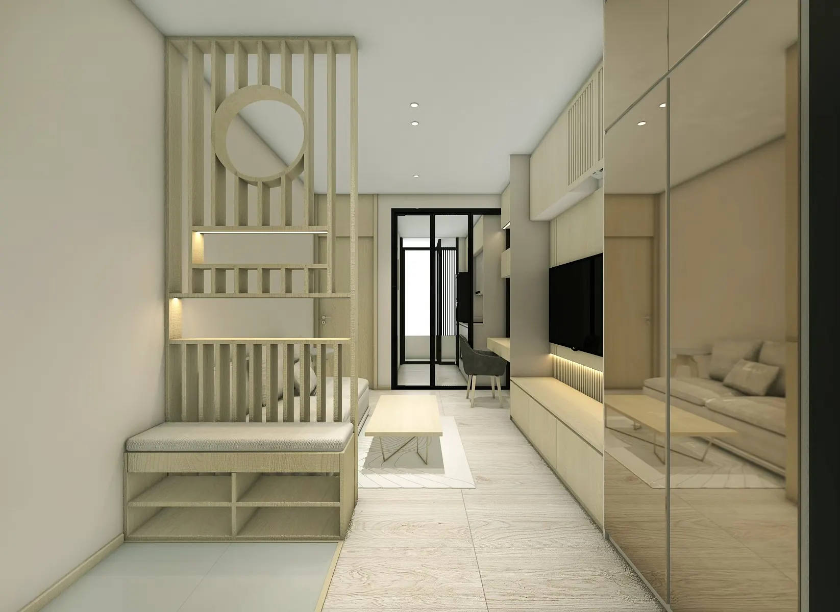 The Fyne: timber slat screen with an integrated bench dividing the entrance from the living area