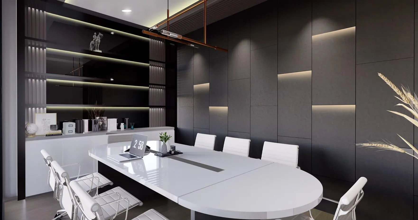 Glassline: boardroom in dark panelling cut by linear light