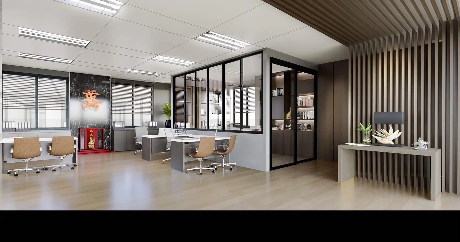 Glassline offices: open studio behind steel-framed glass with timber-lined storage