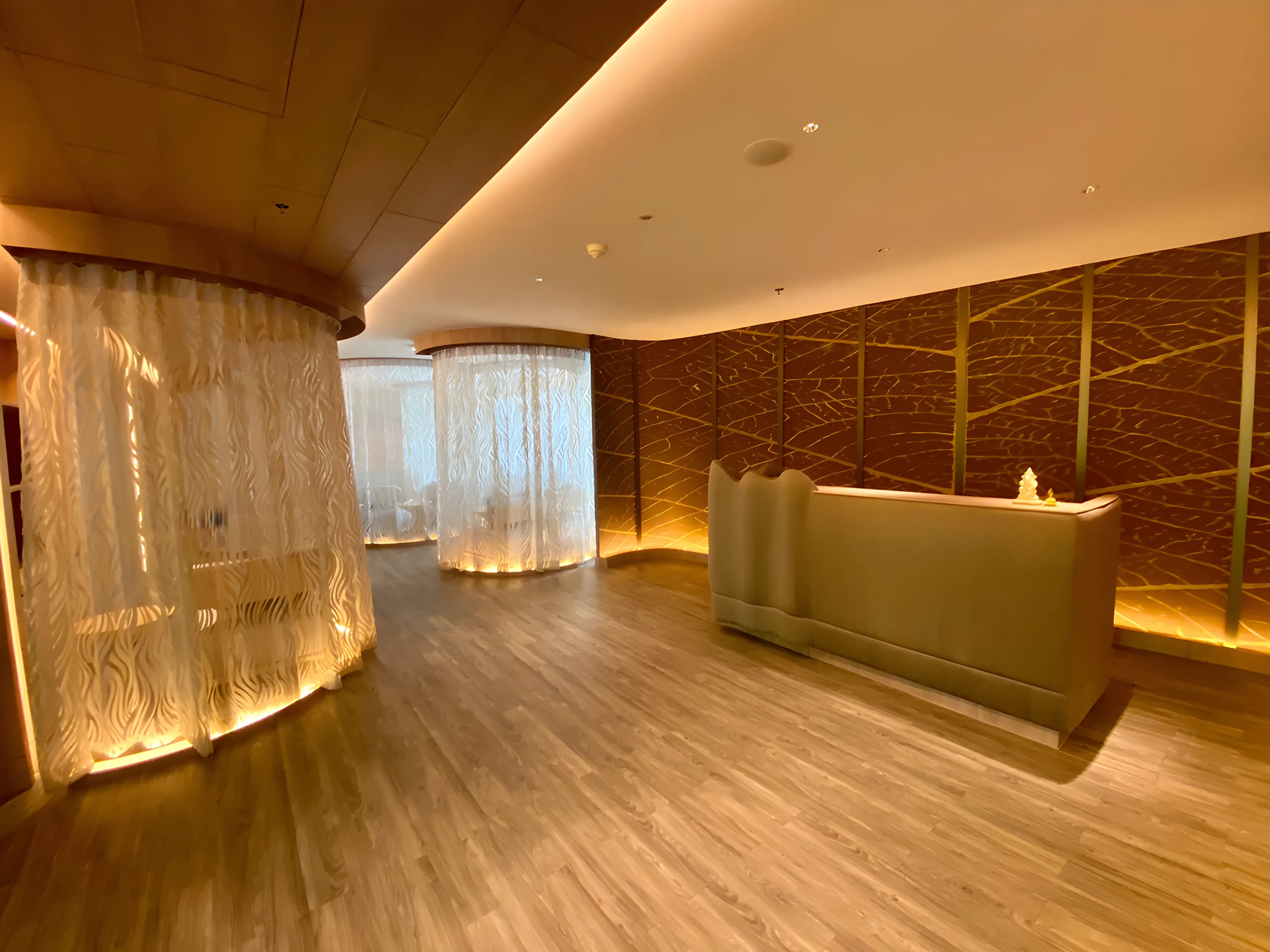Maai Spa: the curved timber ceiling and the glowing waiting alcove