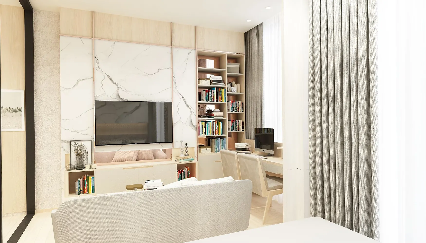 Mazarine: living room with a veined marble media wall