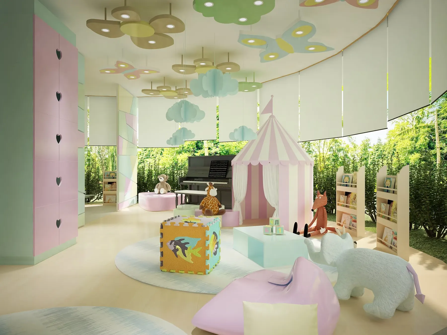 Nawathani: pastel playroom with cloud-shaped ceiling lights