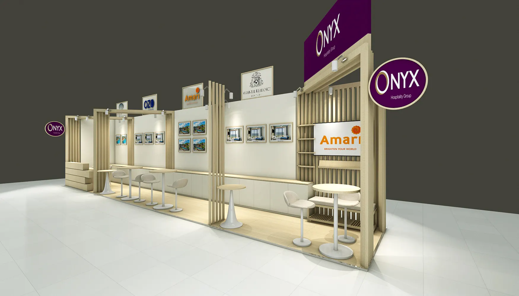 Onyx Hospitality exhibition stand with timber screens and a raised sign