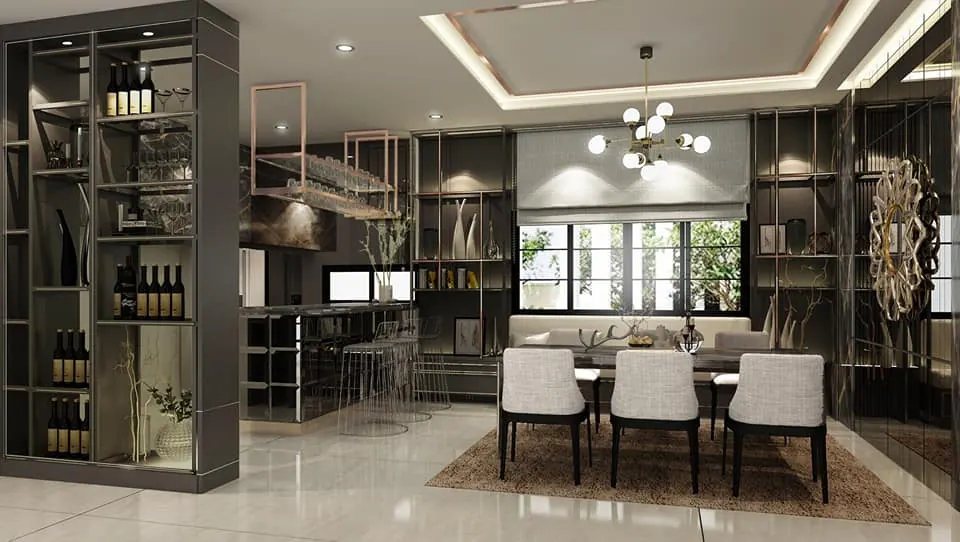 Settasiri: dining room and bar in a private house, opening to the garden through steel-framed glazing