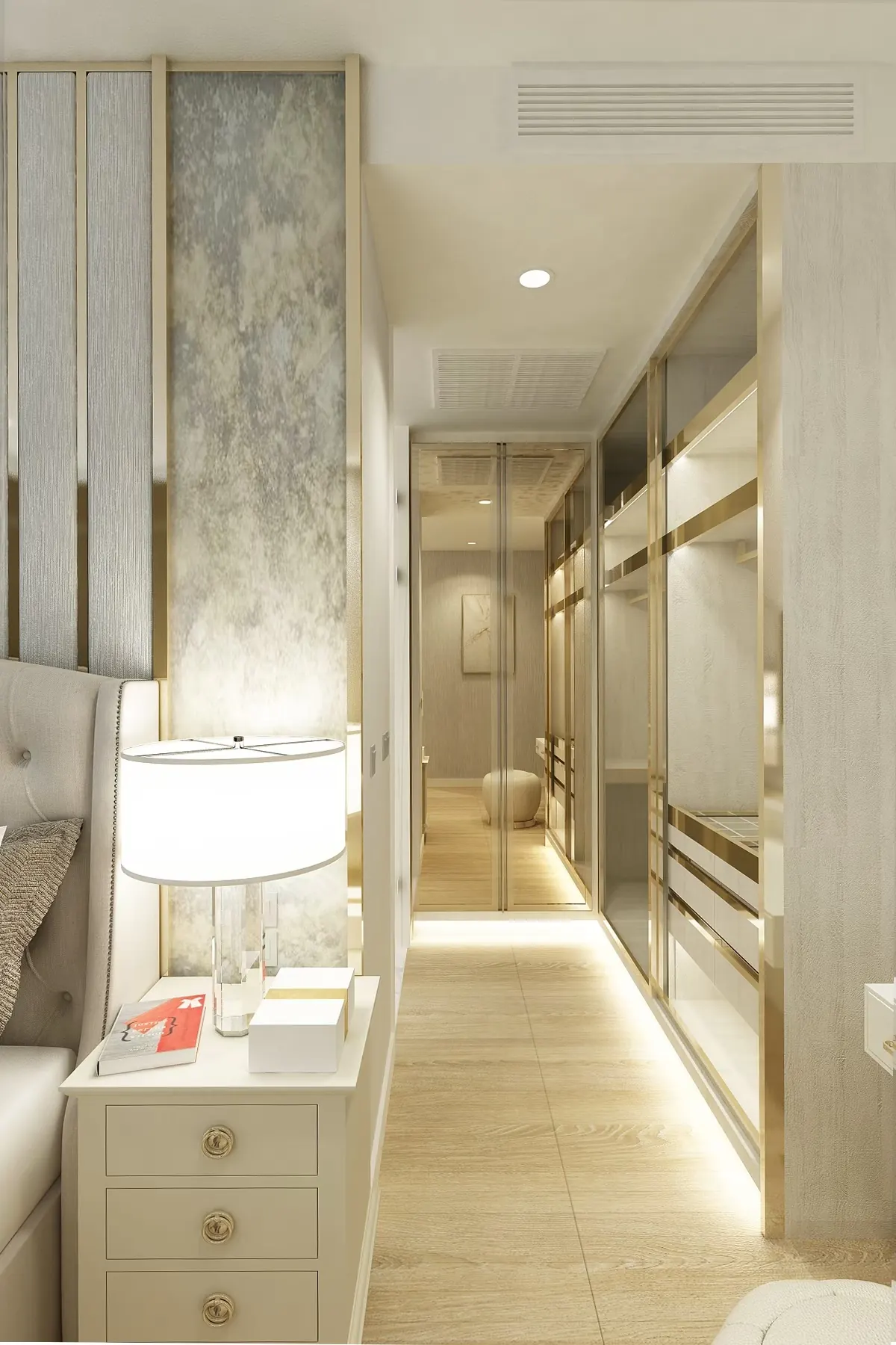 Vittorio: walk-in wardrobe with gold trim and backlit shelving
