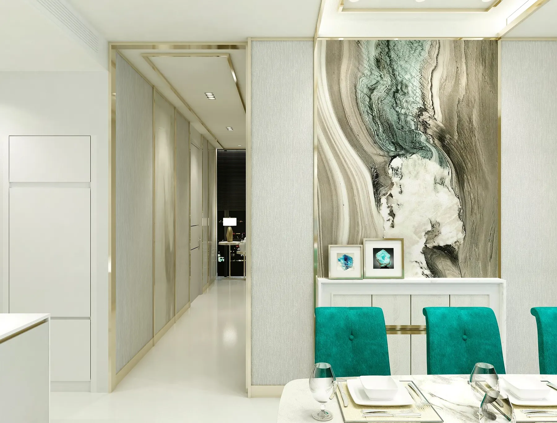 Vittorio: pale marble living room with a curved turquoise sofa