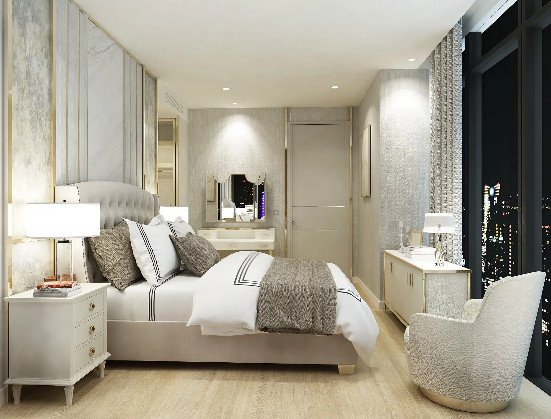 Vittorio: the principal bedroom with a buttoned headboard against antique mirror and stone